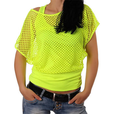 Sexy 80s Fishnet Neon Off Shoulder T-Shirt
