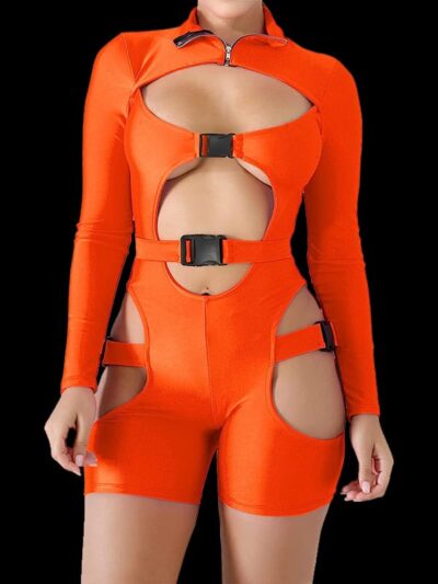 Neon Orange Buckle Up Cutout Bodysuit