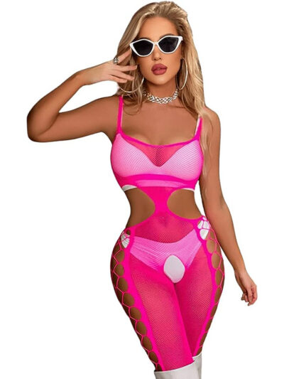 Hot Pink Hollow-Out Teddy Bodysuit Lingerie