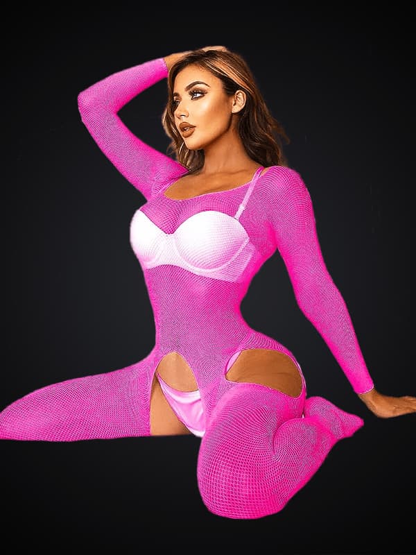 Neon Pink Backless Fishnet Bodysuit