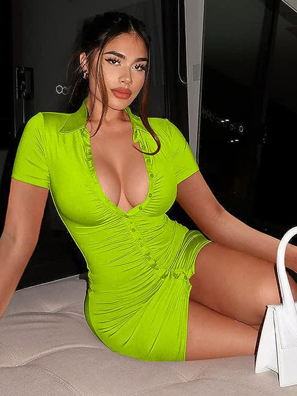 Fluo Green Neon Sexy Club Dress Ruched Button