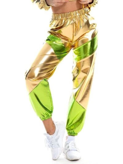 Shiny Metallic Gold & Green High-Waist Jogger Pants