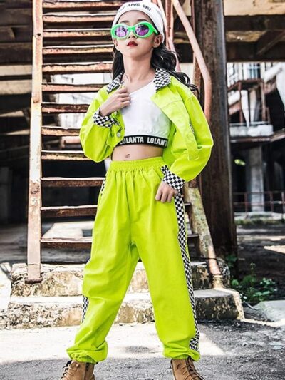 Fluorescent Green K-pop Checkered Outfit