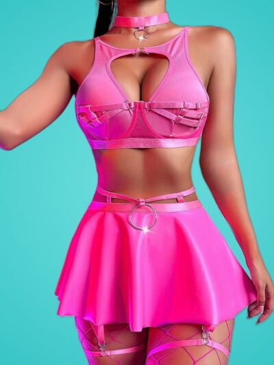 Pink Rave Bra & Skirt Set with Stockings