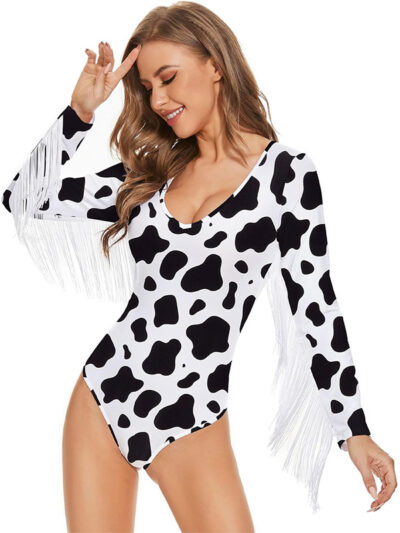 Cow Print Fringe V-Neck Bodysuit