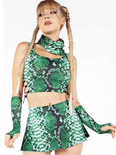 Green Snakeskin Rave Mini Skirt Set